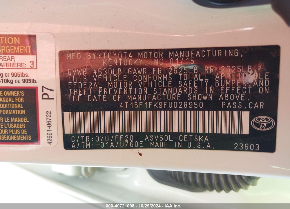 2015 TOYOTA CAMRY SE VIN: 4T1BF1FK9FU028950