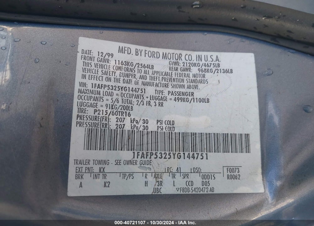 2000 FORD TAURUS SE VIN: 1FAFP5325YG144751