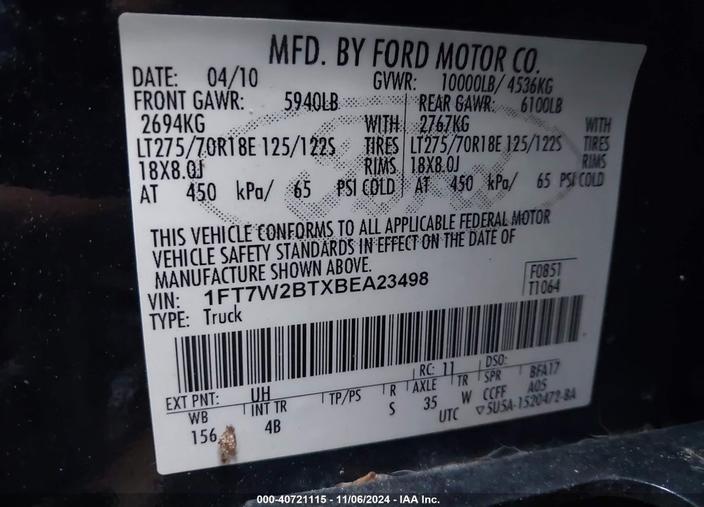 2011 FORD F-250 LARIAT VIN: 1FT7W2BTXBEA23498
