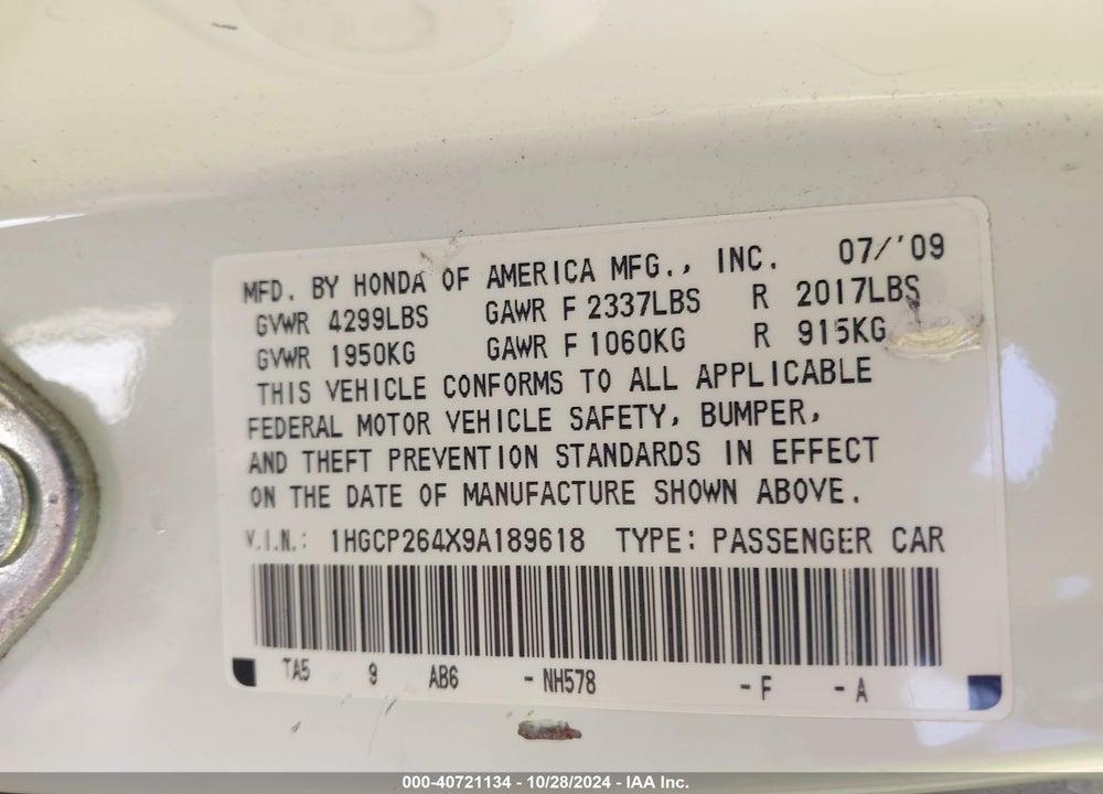 2009 HONDA ACCORD LXP VIN: 1HGCP264X9A189618