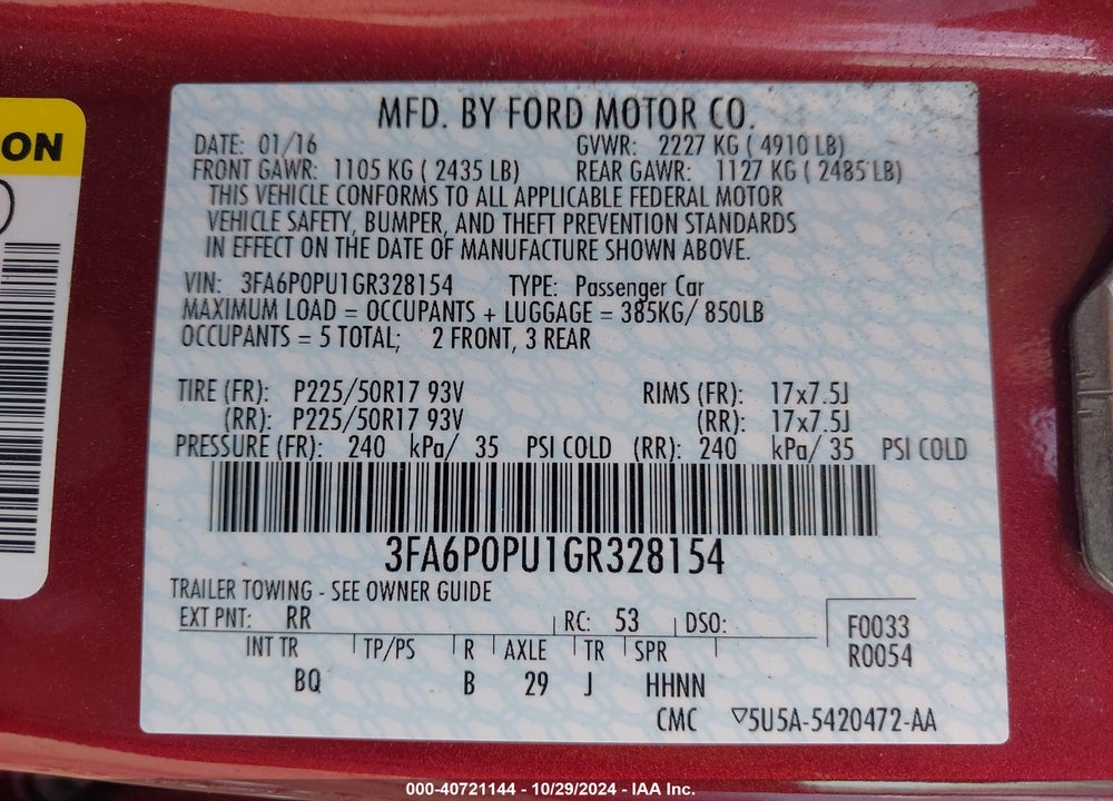 2016 FORD FUSION ENERGI VIN: 3FA6P0PU1GR328154