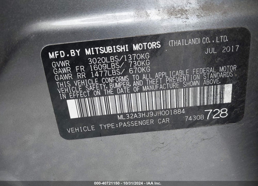 2018 MITSUBISHI MIRAGE ES VIN: ML32A3HJ9JH001884