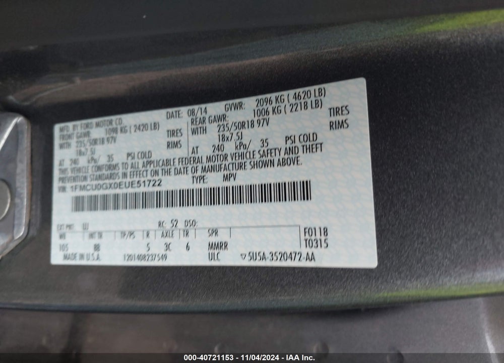 2014 FORD ESCAPE SE VIN: 1FMCU0GX0EUE51722