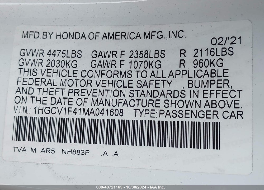 2021 HONDA ACCORD SPORT SPECIAL EDITION VIN: 1HGCV1F41MA041608