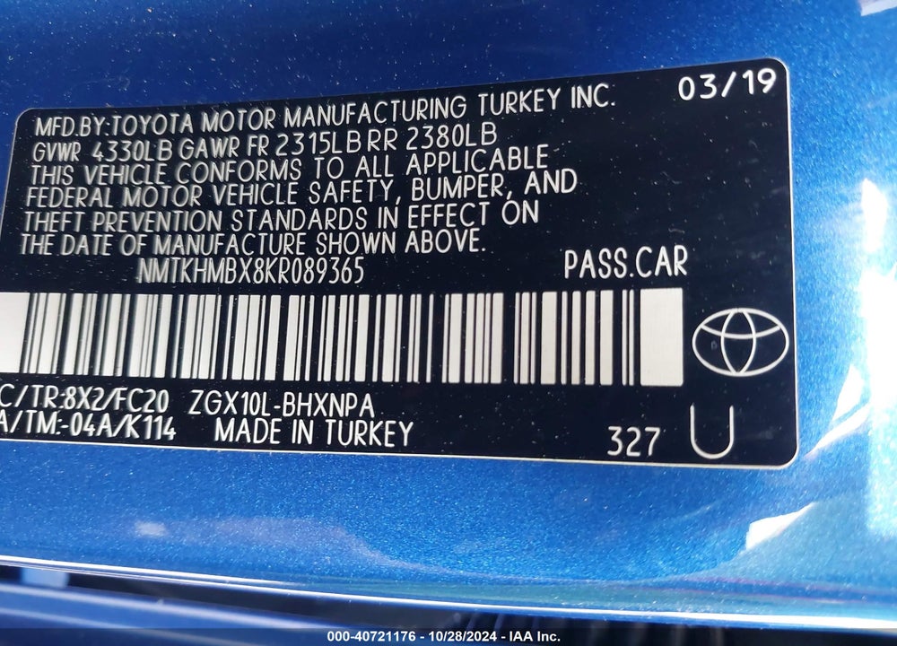 2019 TOYOTA C-HR LE VIN: NMTKHMBX8KR089365