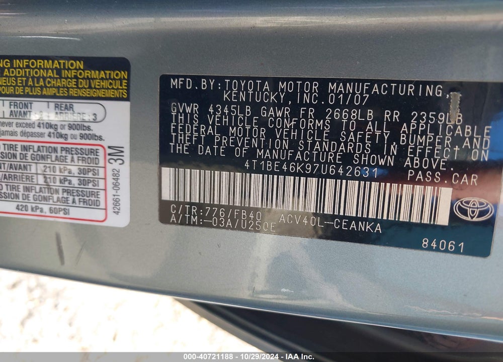 2007 TOYOTA CAMRY LE VIN: 4T1BE46K97U642631