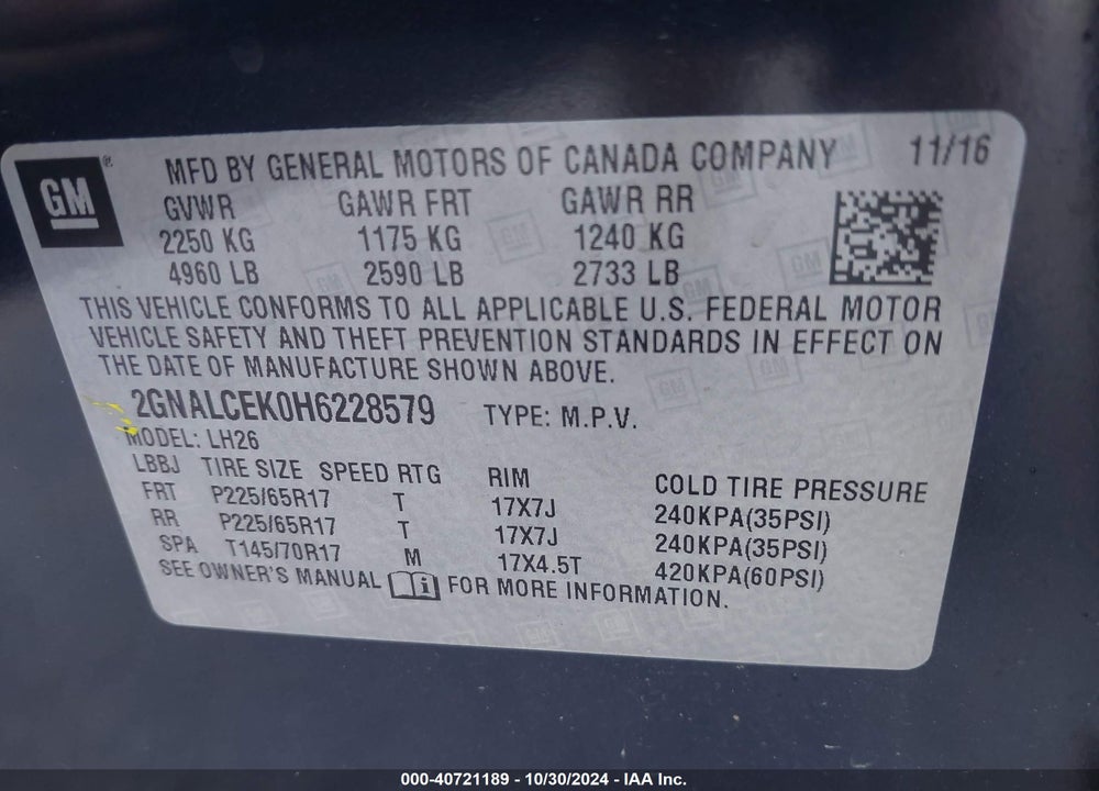 2017 CHEVROLET EQUINOX LT VIN: 2GNALCEK0H6228579