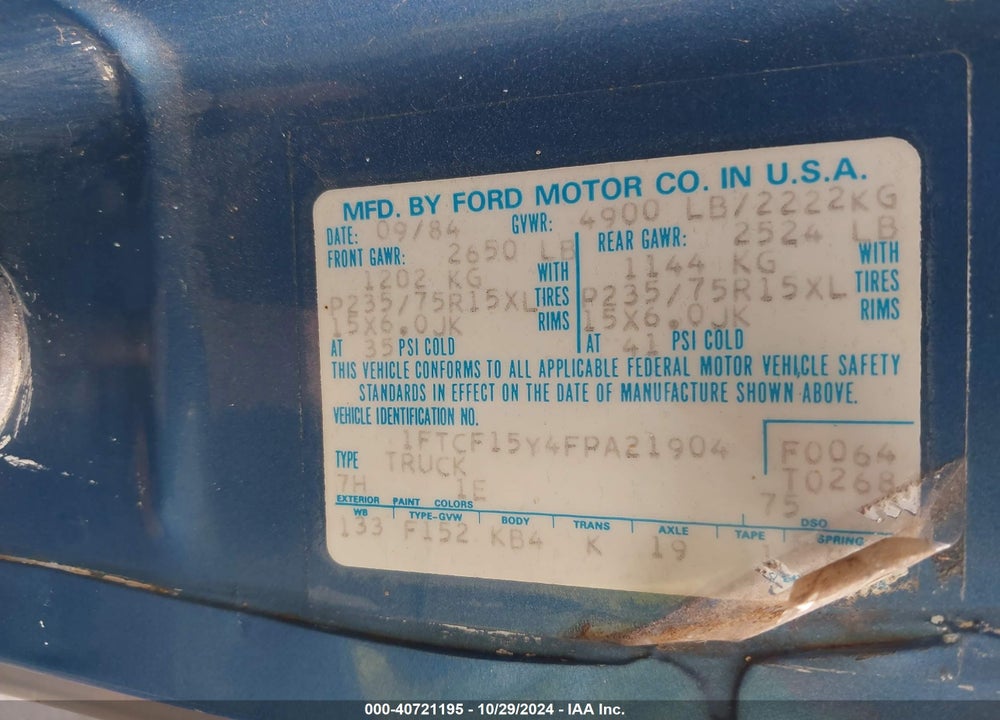 1985 FORD F150 VIN: 1FTCF15Y4FPA21904