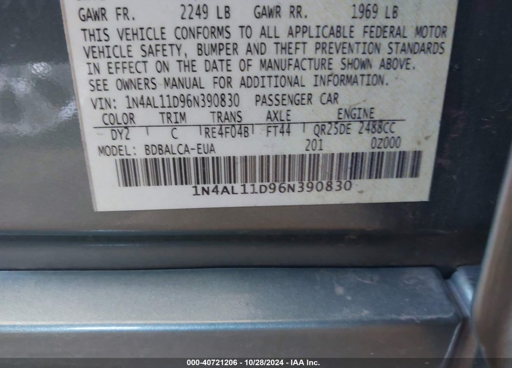 2006 NISSAN ALTIMA 2.5 S VIN: 1N4AL11D96N390830