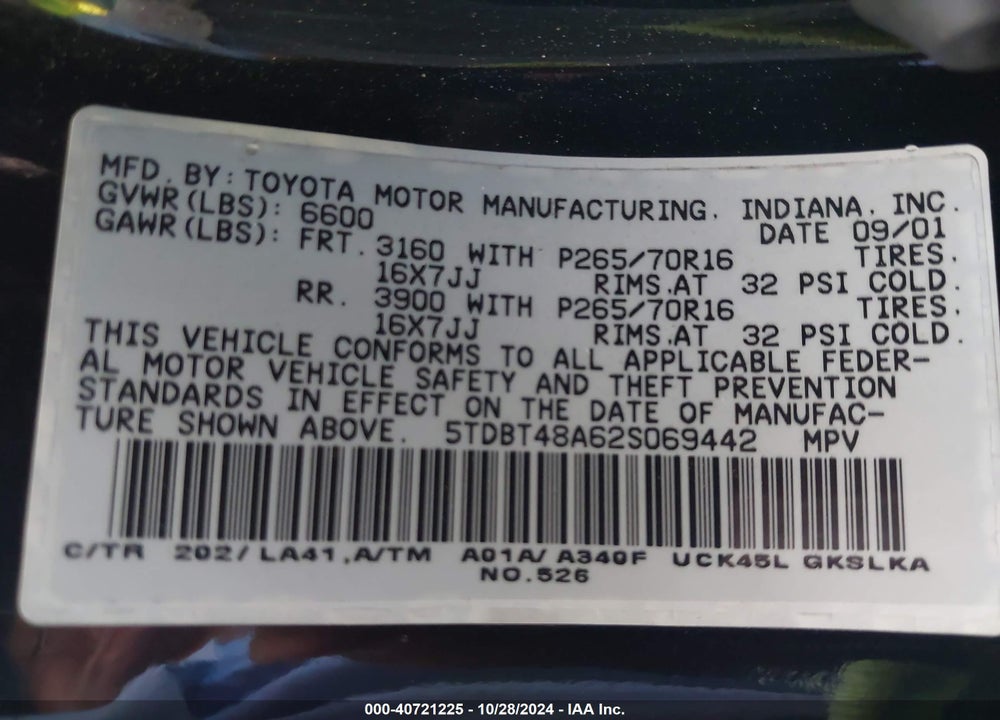 2002 TOYOTA SEQUOIA LIMITED V8 VIN: 5TDBT48A62S069442