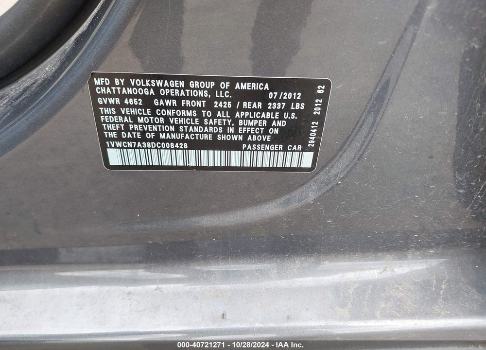 2013 VOLKSWAGEN PASSAT 2.0L TDI SEL PREMIUM VIN: 1VWCN7A38DC008428