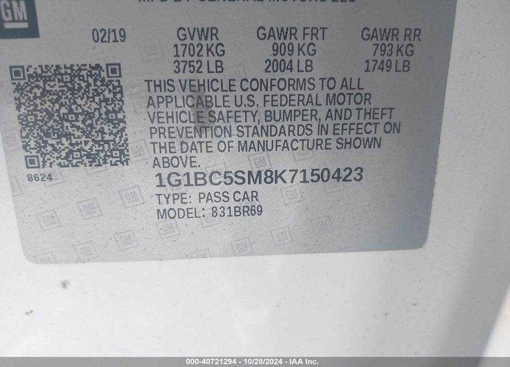 2019 CHEVROLET CRUZE LS VIN: 1G1BC5SM8K7150423