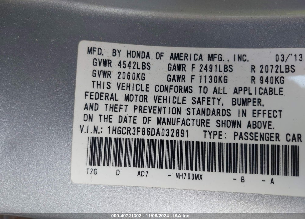 2013 HONDA ACCORD EX-L V-6 VIN: 1HGCR3F86DA032891