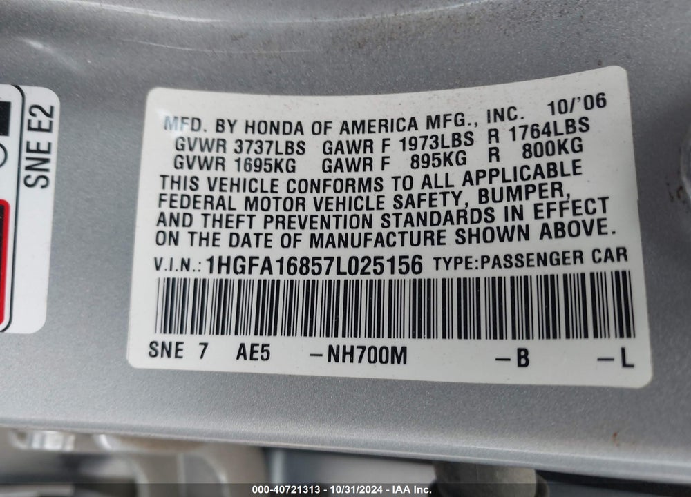 2007 HONDA CIVIC EX VIN: 1HGFA16857L025156