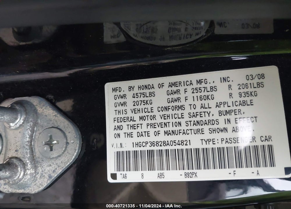 2008 HONDA ACCORD 3.5 EX-L VIN: 1HGCP36828A054821