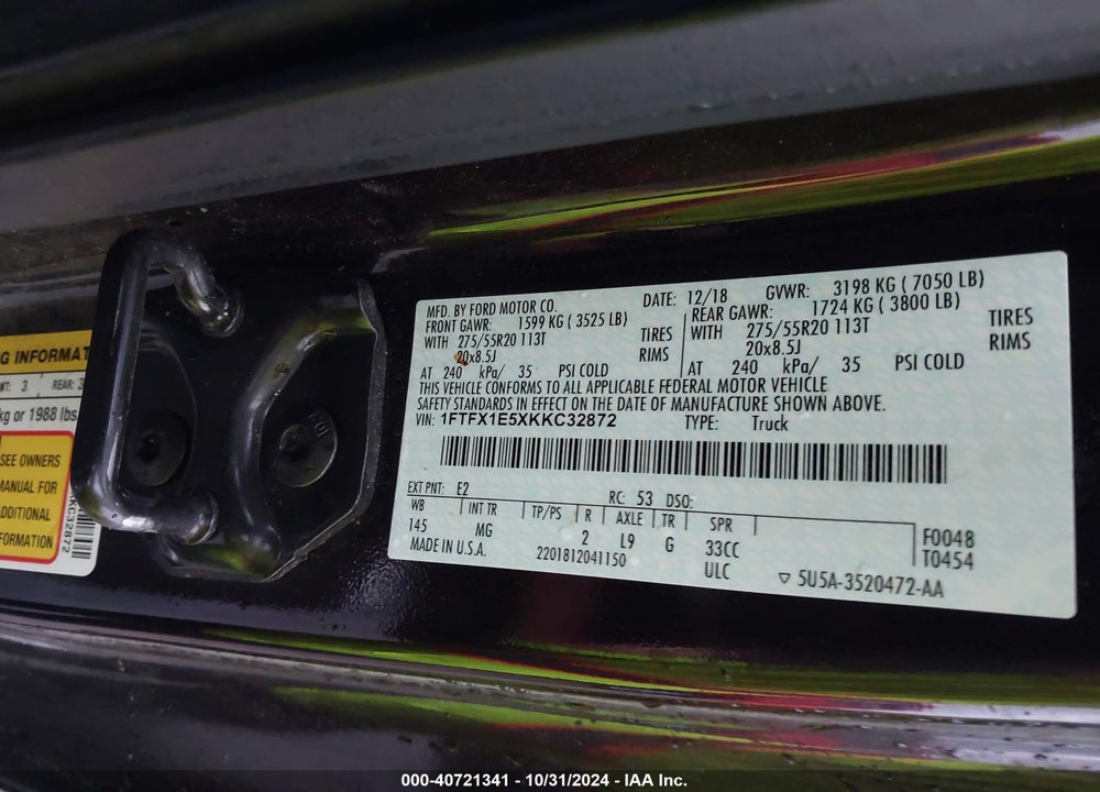 2019 FORD F-150 XLT VIN: 1FTFX1E5XKKC32872