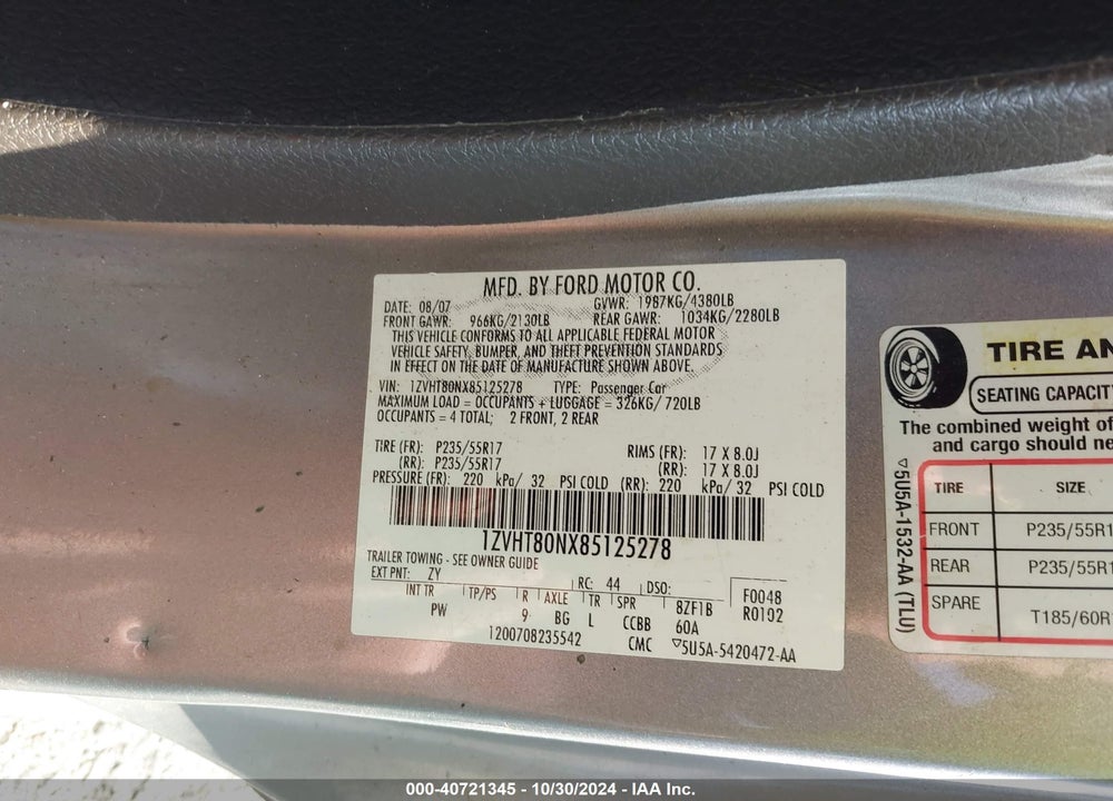 2008 FORD MUSTANG VIN: 1ZVHC80NX85125278