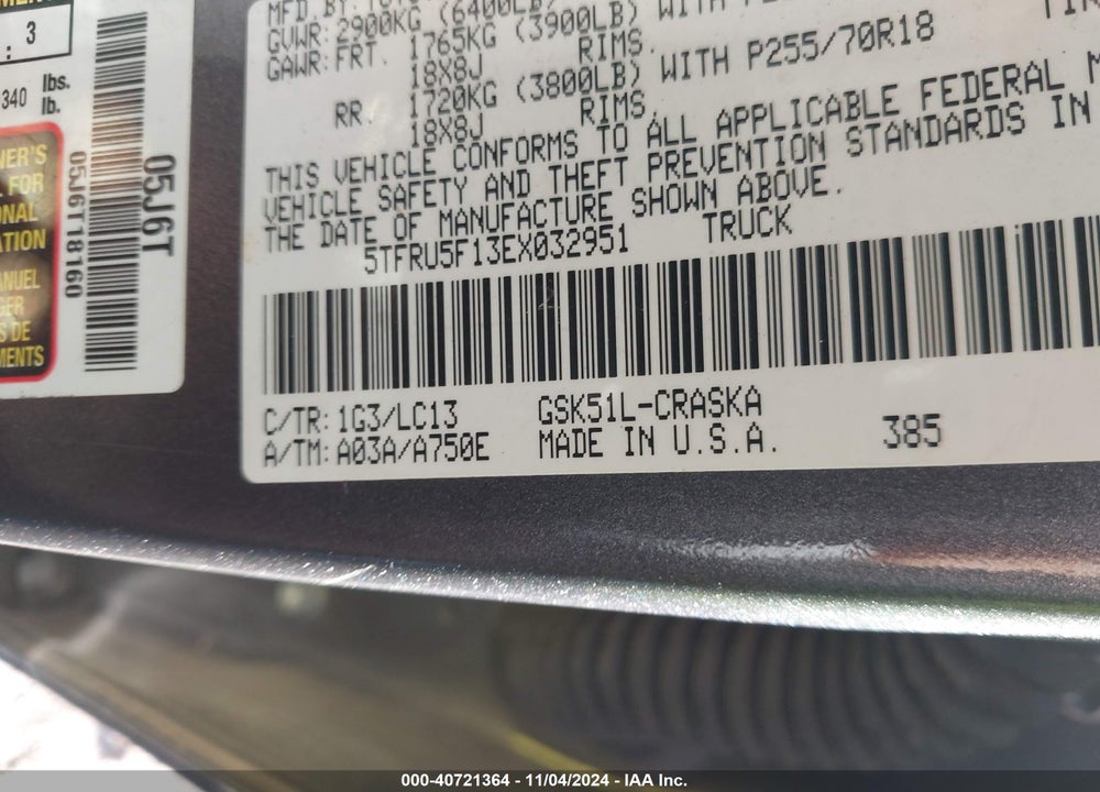 2014 TOYOTA TUNDRA SR V6 VIN: 5TFRU5F13EX032951