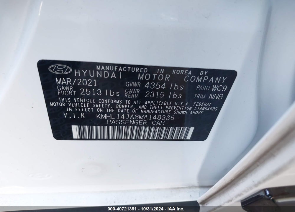 2021 HYUNDAI SONATA SEL VIN: KMHL14JA8MA148336