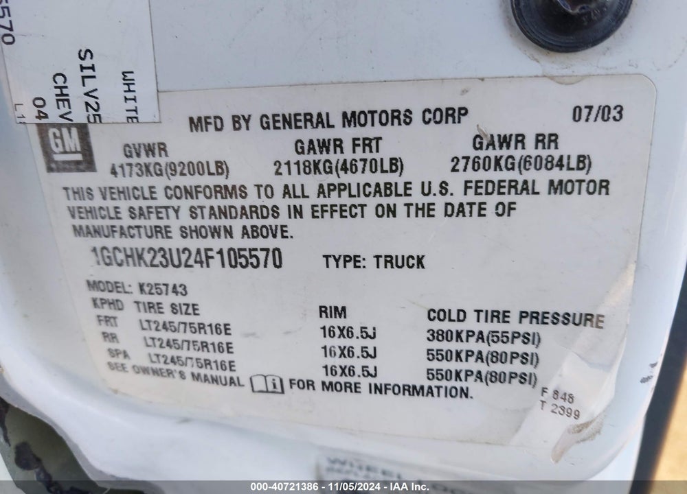 2004 CHEVROLET SILVERADO 2500HD LS VIN: 1GCHK23U24F105570