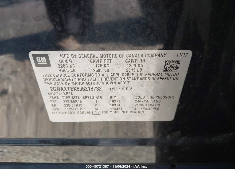 2018 CHEVROLET EQUINOX LT VIN: 2GNAXTEX5J6218782