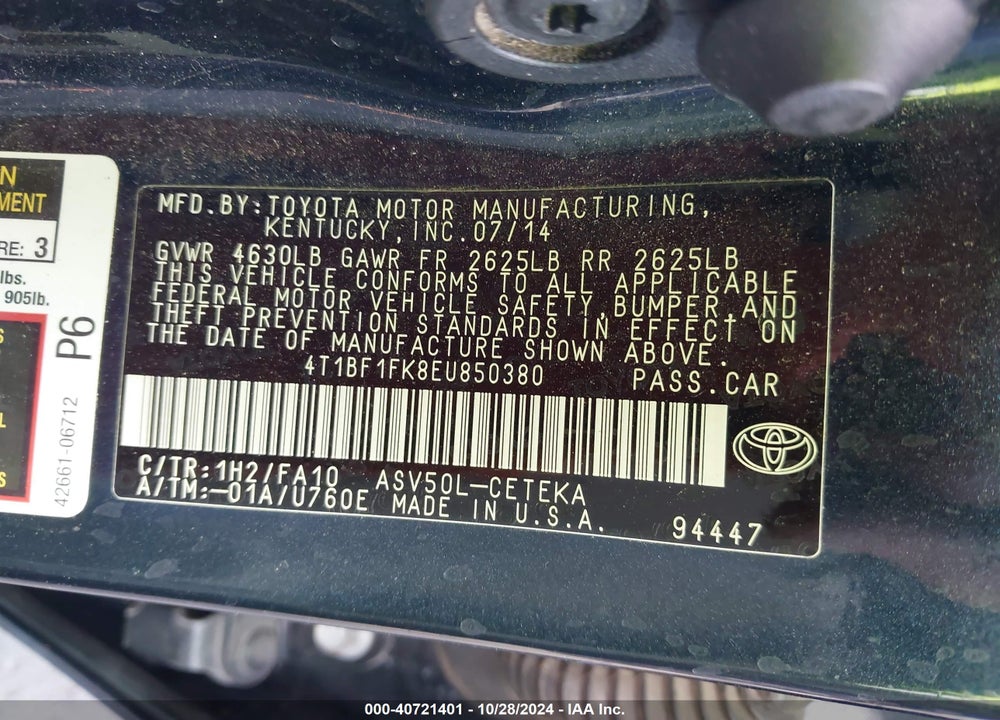 2014 TOYOTA CAMRY L VIN: 4T1BF1FK8EU850380