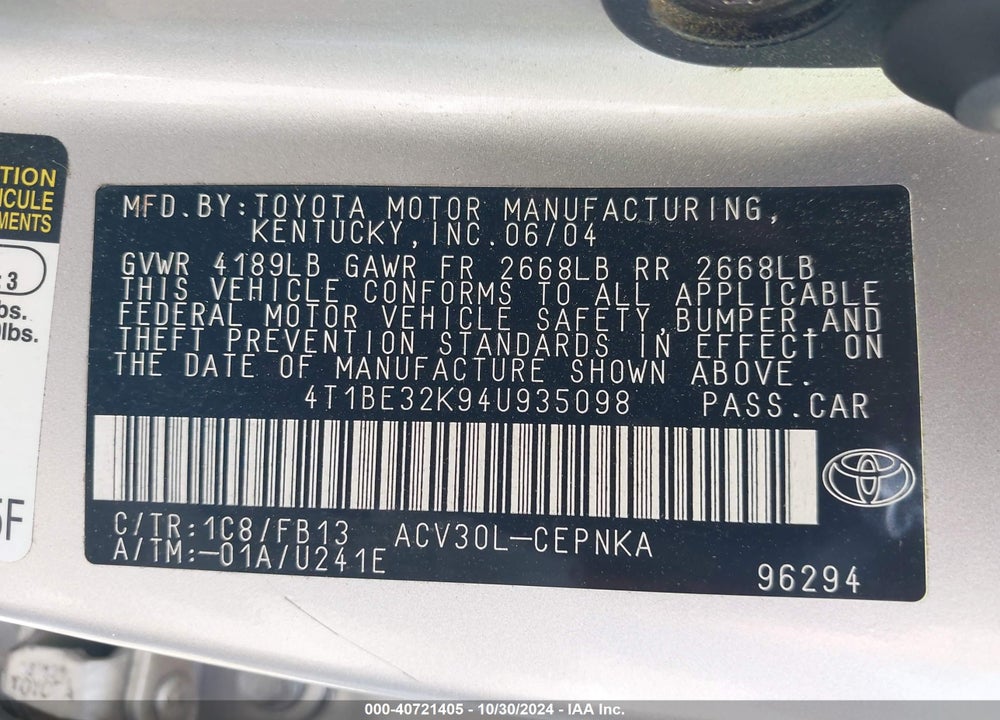 2004 TOYOTA CAMRY LE VIN: 4T1BE32K94U935098