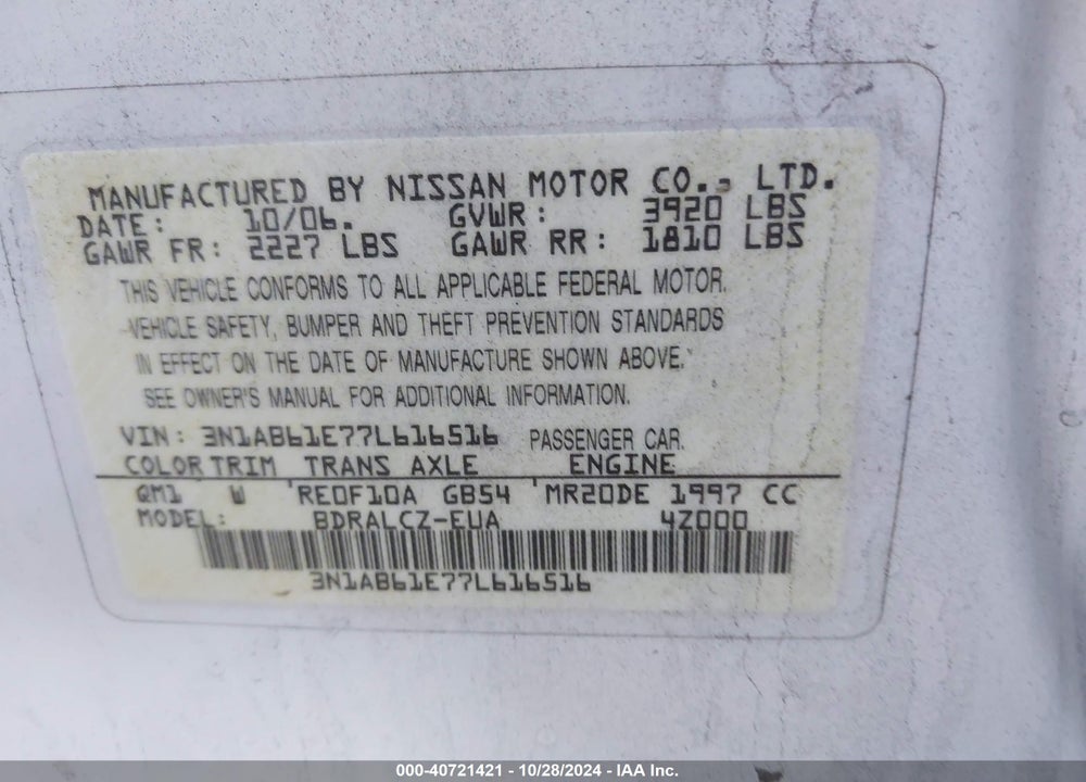 2007 NISSAN SENTRA 2.0 VIN: 3N1AB61E77L616516