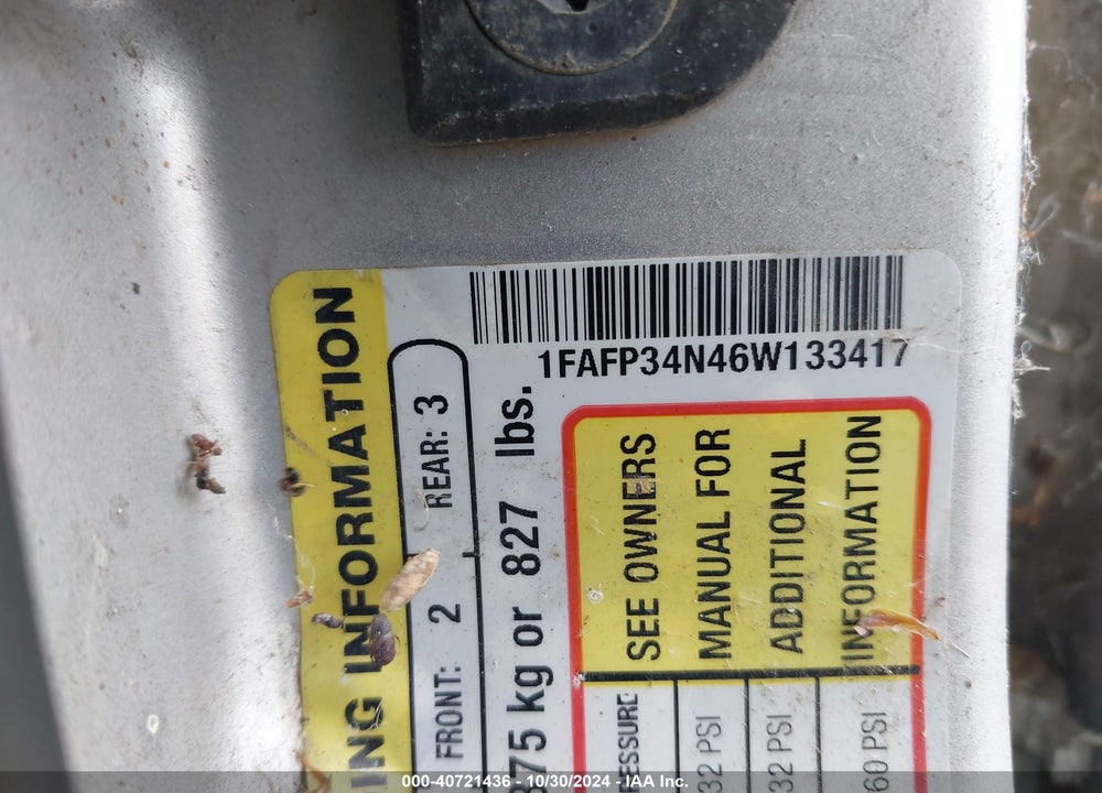 2006 FORD FOCUS ZX4 VIN: 1FAFP34N46W133417