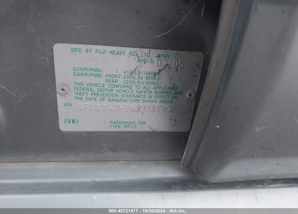 2006 SUBARU FORESTER 2.5X VIN: JF1SG63636G721863