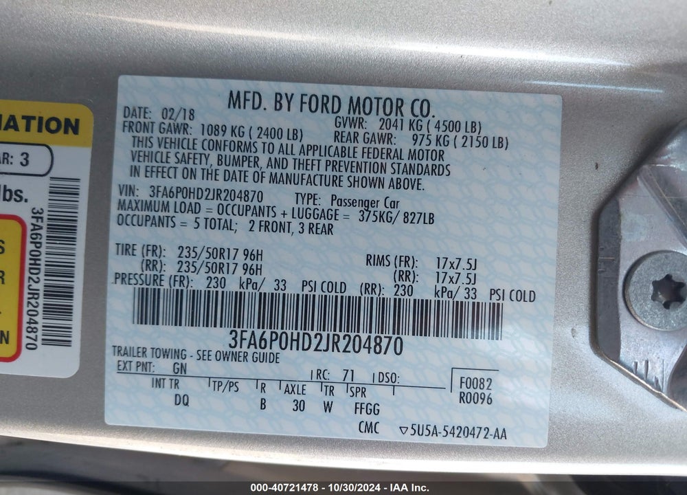 2018 FORD FUSION SE VIN: 3FA6P0HD2JR204870