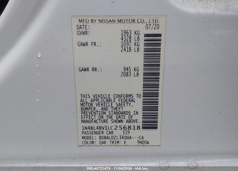 2020 NISSAN ALTIMA VIN: 1N4BL4BV1LC256818