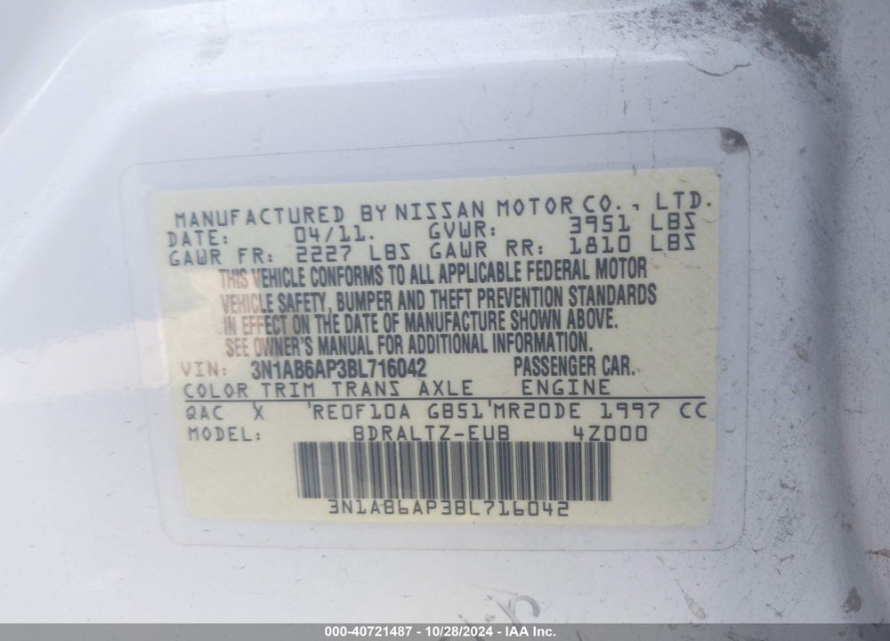 2011 NISSAN SENTRA VIN: 3N1AB6AP3BL716042