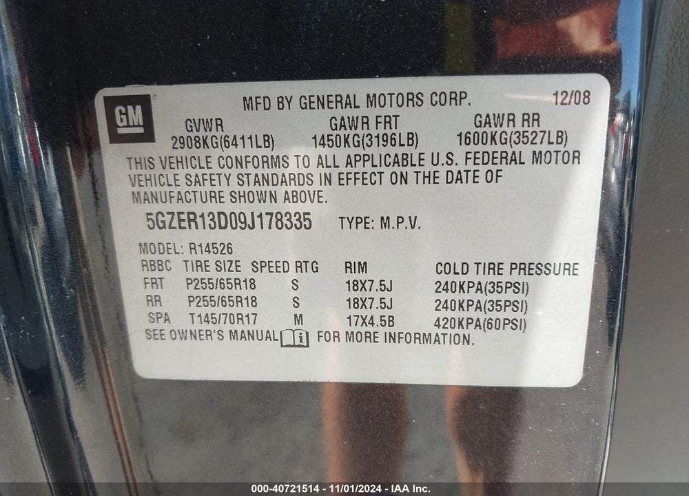 2009 SATURN OUTLOOK XE VIN: 5GZER13D09J178335