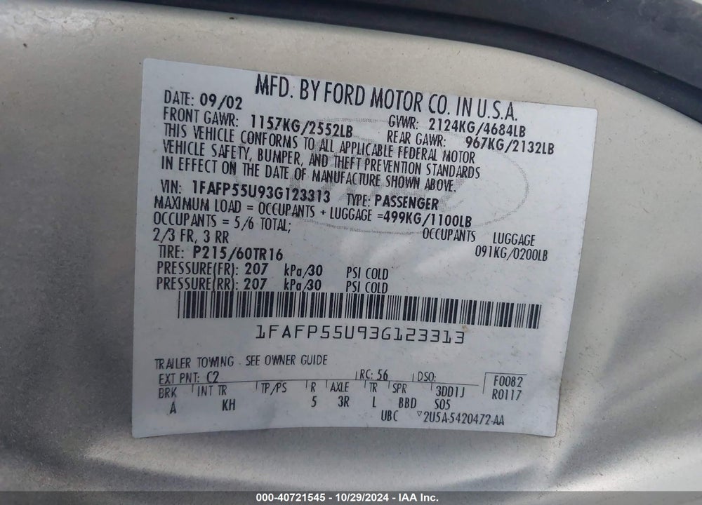 2003 FORD TAURUS SES VIN: 1FAFP55U93G123313