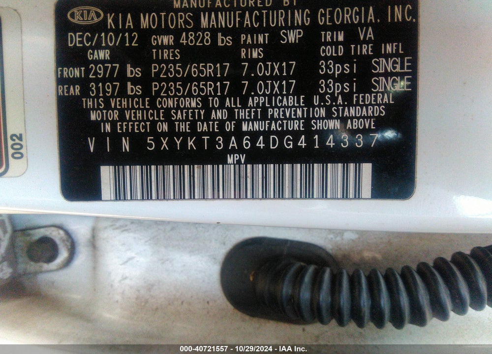 2013 KIA SORENTO LX VIN: 5XYKT3A64DG414337