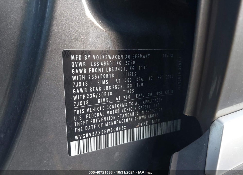 2014 VOLKSWAGEN TIGUAN SEL VIN: WVGBV3AX8EW508532