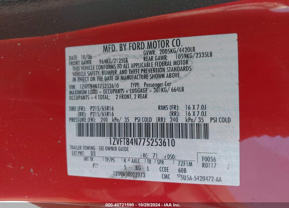 2007 FORD MUSTANG V6 DELUXE/V6 PREMIUM VIN: 1ZVFT84N775253610