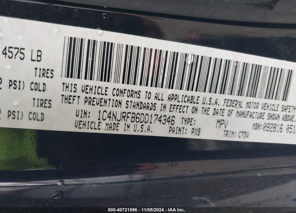 2013 JEEP PATRIOT LATITUDE VIN: 1C4NJRFB6DD174346