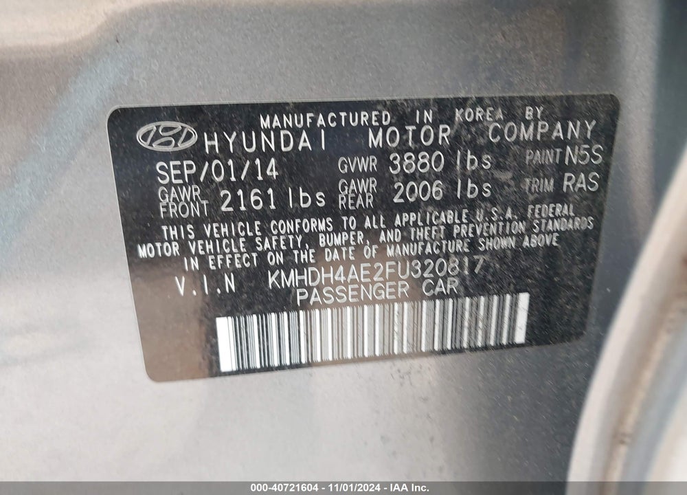 2015 HYUNDAI ELANTRA SE (ULSAN PLANT) VIN: KMHDH4AE2FU320817