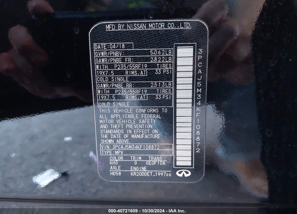 2019 INFINITI QX50 ESSENTIAL VIN: 3PCAJ5M34KF108872