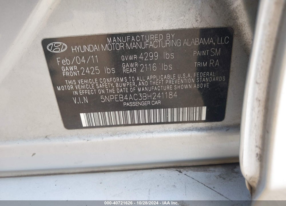 2011 HYUNDAI SONATA GLS VIN: 5NPEB4AC3BH241184