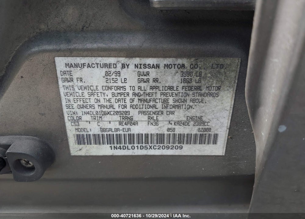 1999 NISSAN ALTIMA GLE/GXE/SE/SE-L/XE VIN: 1N4DL01D5XC209209