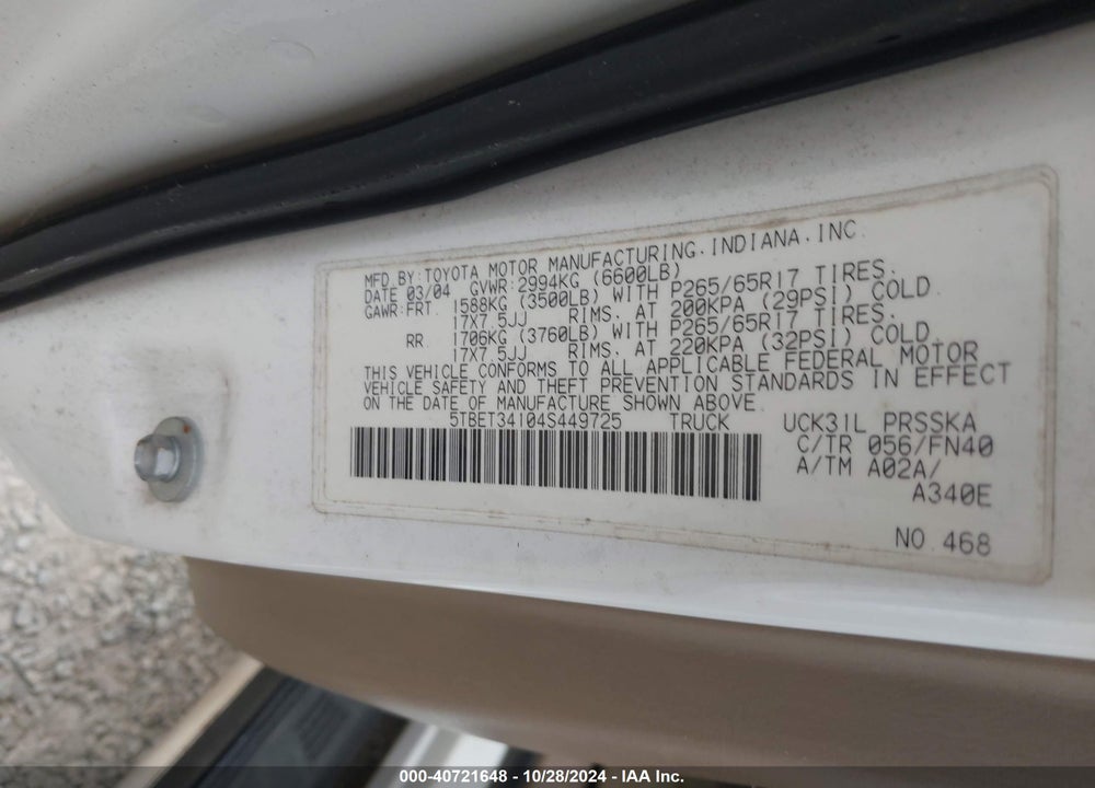 2004 TOYOTA TUNDRA SR5 V8 VIN: 5TBET34104S449725