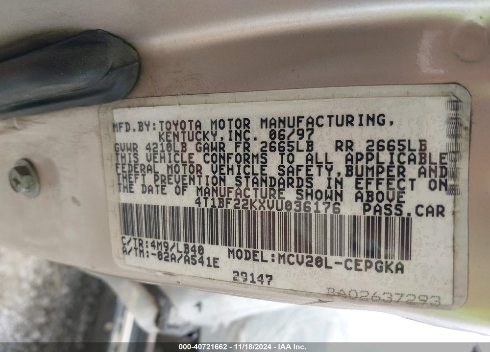 1997 TOYOTA CAMRY XLE V6 VIN: 4T1BF22KXVU036176