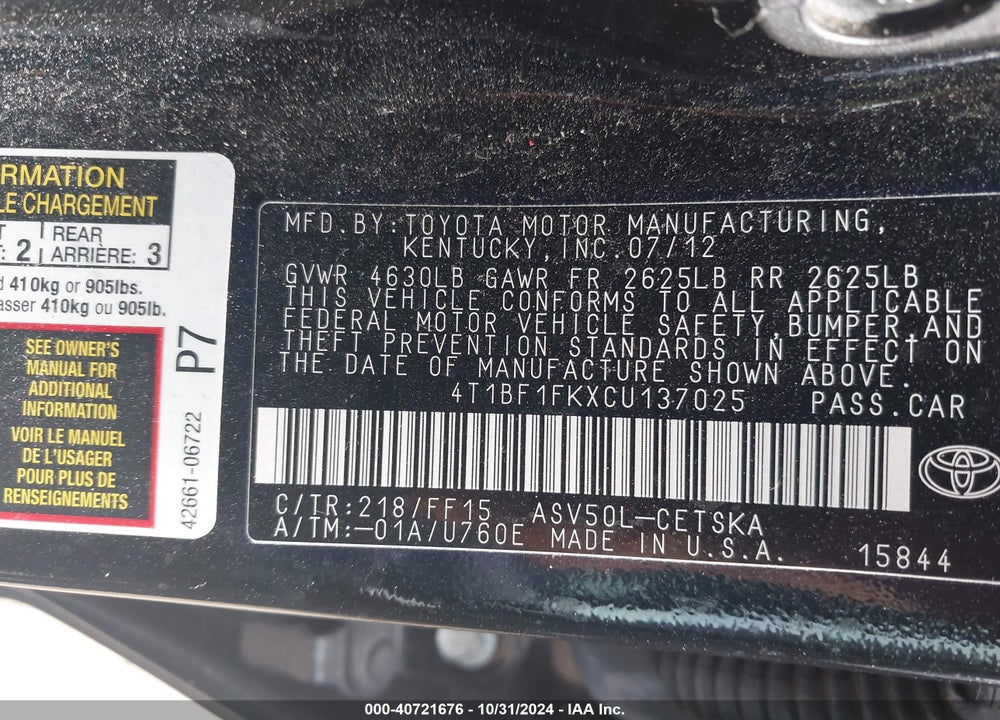 2012 TOYOTA CAMRY SE VIN: 4T1BF1FKXCU137025