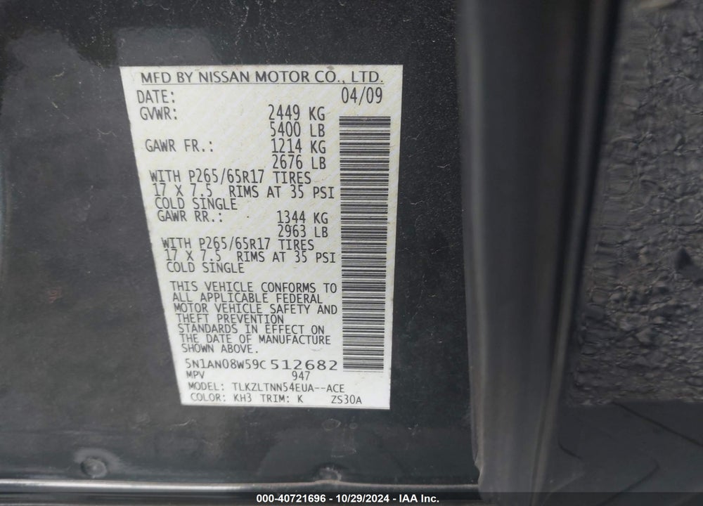 2009 NISSAN XTERRA SE VIN: 5N1AN08W59C512682