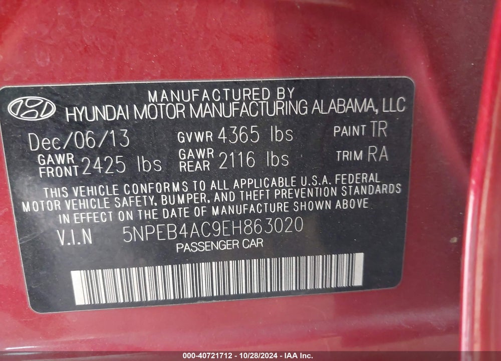 2014 HYUNDAI SONATA GLS VIN: 5NPEB4AC9EH863020