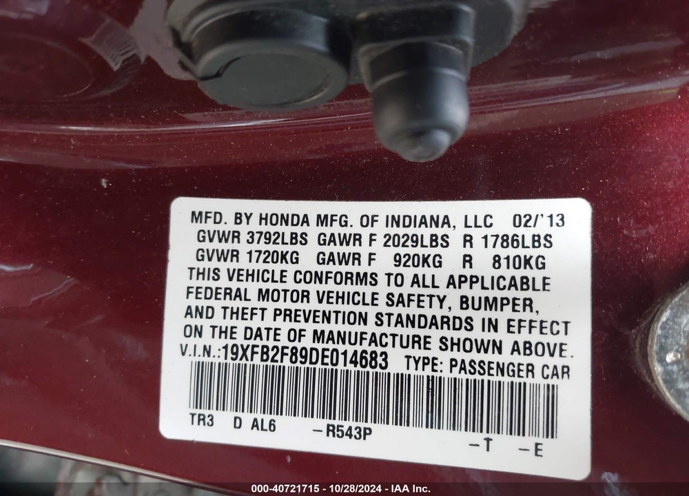 2013 HONDA CIVIC EX VIN: 19XFB2F89DE014683