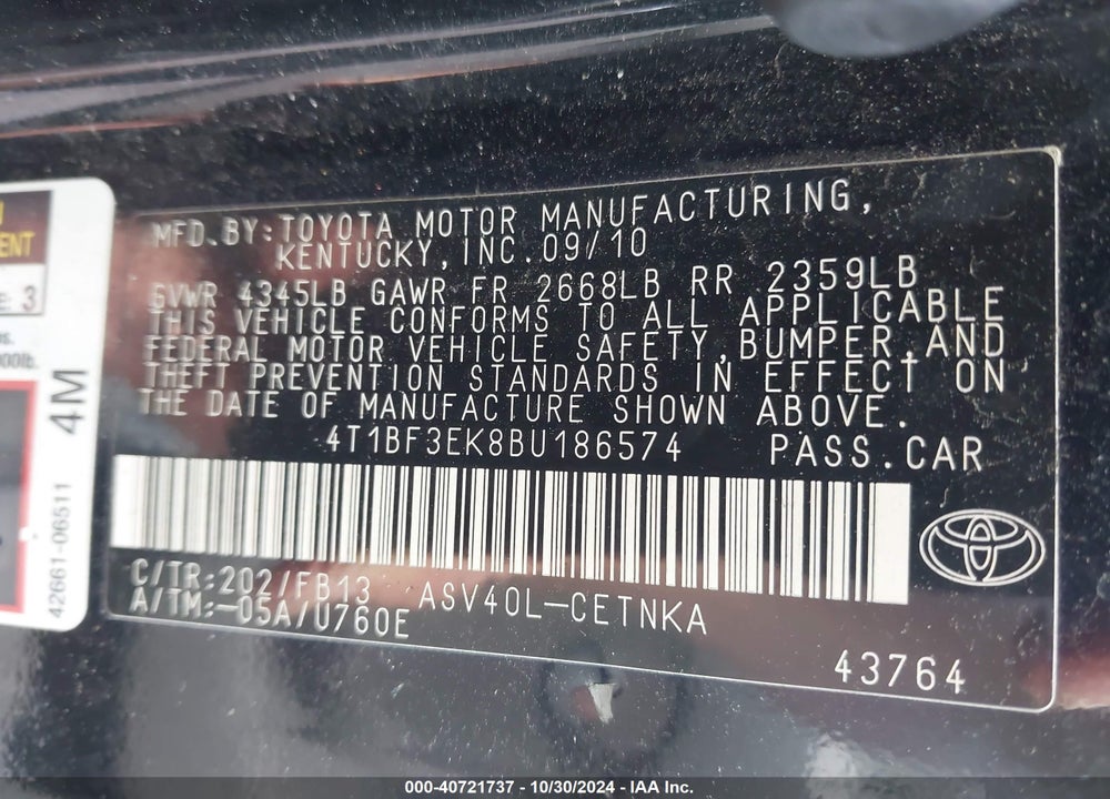 2011 TOYOTA CAMRY LE VIN: 4T1BF3EK8BU186574